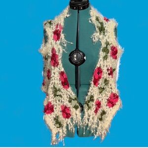 Floral Knit Vest with Pink and Green Accents